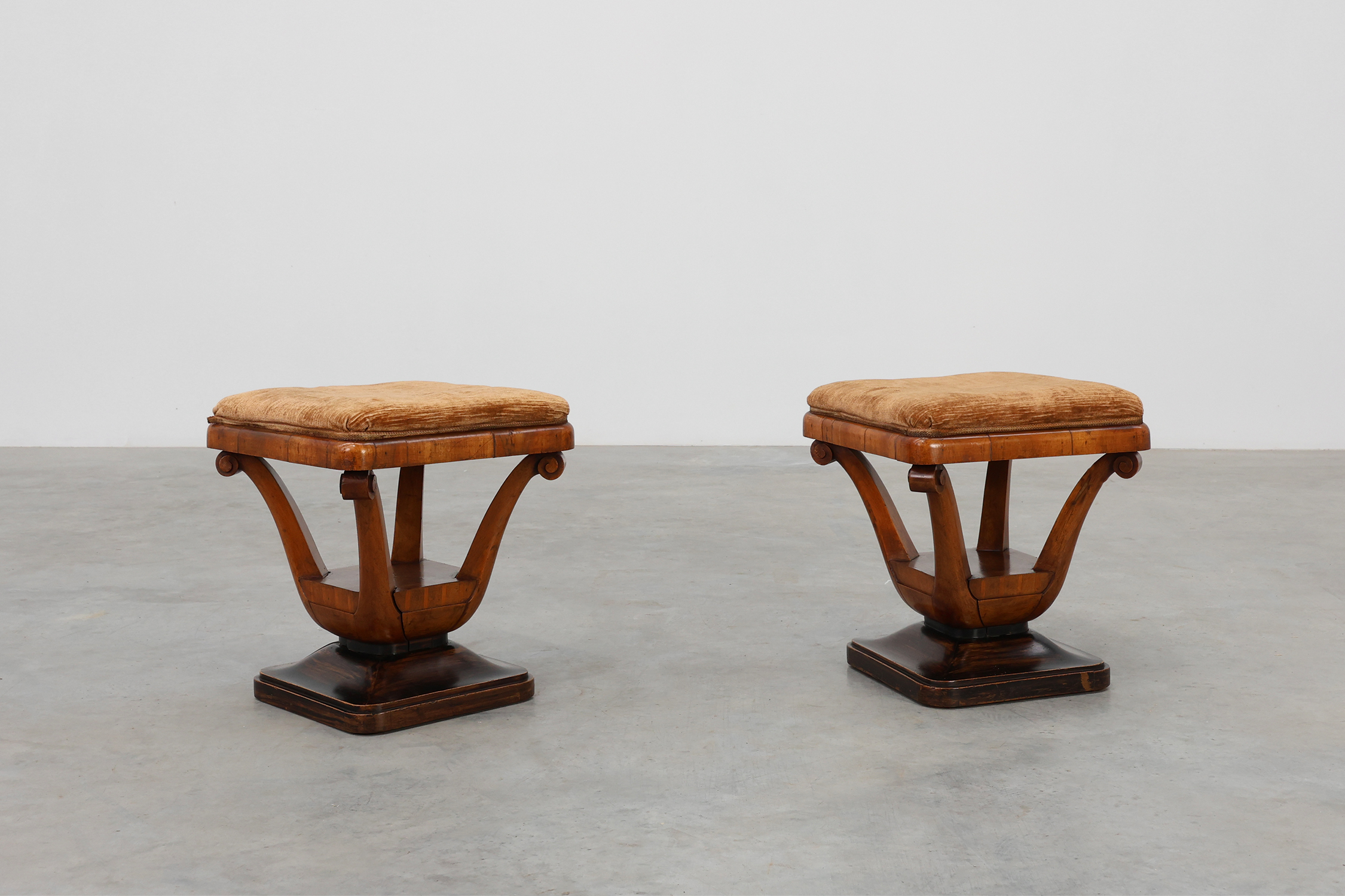 Pair of Art Deco Walnut Stools with Original Fabric, Italy, 1920thumbnail
